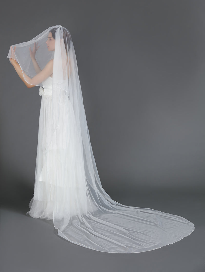 Voile de Mariée avec Peigne 2 Niveaux Bord Crayon Longueur Cathédrale 118" Blanc Ivoire-V45