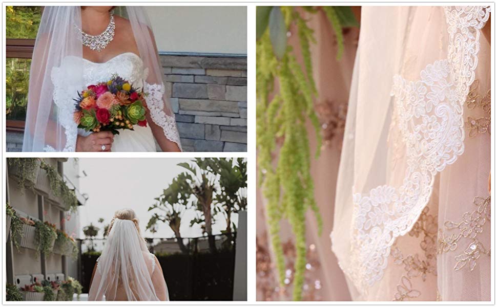 Wedding Bridal Veil with Comb 1 Tier Lace Applique Edge Ivory Fingertip Length-V68